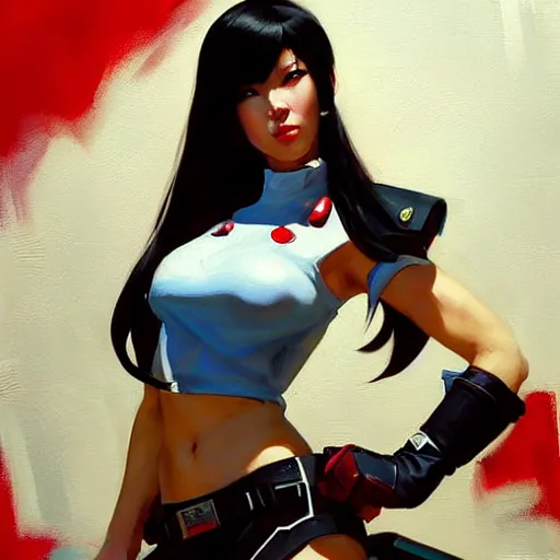 Image similar to Greg Manchess portrait painting o Tifa Lockheart as Overwatch character, medium shot, asymmetrical, profile picture, Organic Painting, sunny day, Matte Painting, bold shapes, hard edges, street art, trending on artstation, by Huang Guangjian and Gil Elvgren and Sachin Teng