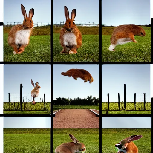 Image similar to a rabbit jumping up over a fence, shown as a film strip showing 9 sequential stills starting from time 0 : 0 0 from the video clip in a grid