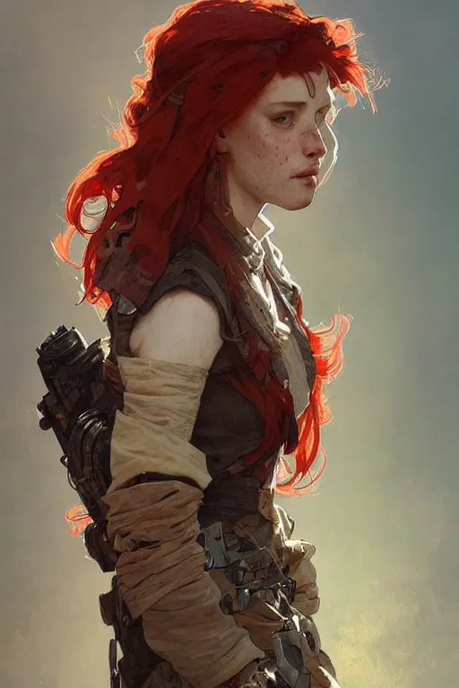 Prompt: A full portrait of a beautiful post apocalyptic red haired, gap toothed, freckled explorer, intricate, elegant, highly detailed, digital painting, artstation, concept art, smooth, sharp focus, illustration, art by Krenz Cushart and Artem Demura and alphonse mucha