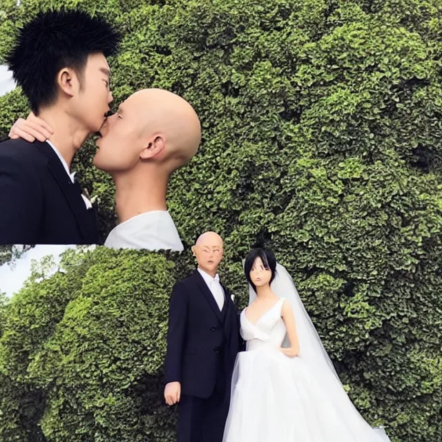 Image similar to saitama one punch man instagram couple's wedding photo shoot, closeup photo