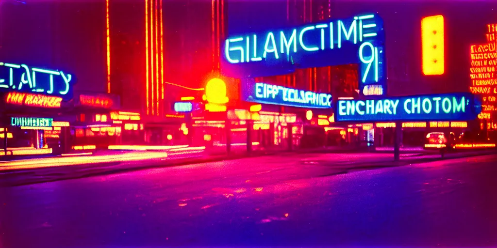 Prompt: 1 9 7 0 s chrome cityscape, mirrored finish, neon lights, dirty, ektachrome photograph, volumetric lighting, f 8 aperture, cinematic eastman 5 3 8 4 film