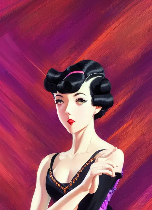 Image similar to a beautiful dancer with black hair in 1940's fashion, ballroom background, intricate, highly detailed, digital painting, artstation, official media, anime key visual, concept art, rich vivid colors, ambient lighting, sharp focus, illustration, art by Artgerm, Makoto Shinkai, Ilya Kuvshinov, Lois Van Baarle, and Rossdraws