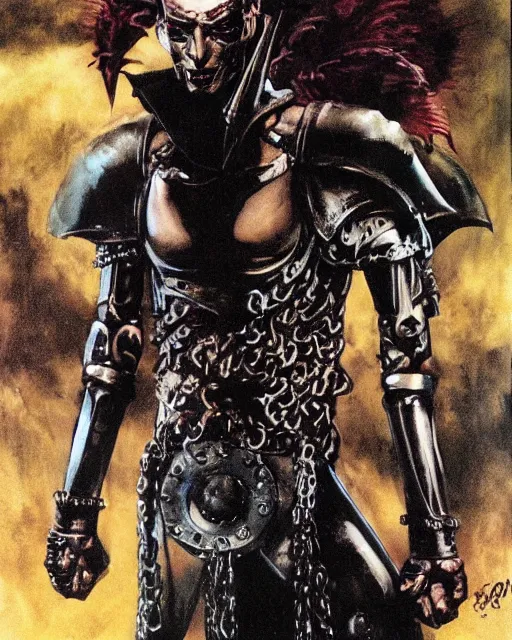 Image similar to portrait of a skinny punk goth tony todd wearing armor by simon bisley, john blance, frank frazetta, fantasy, thief warrior