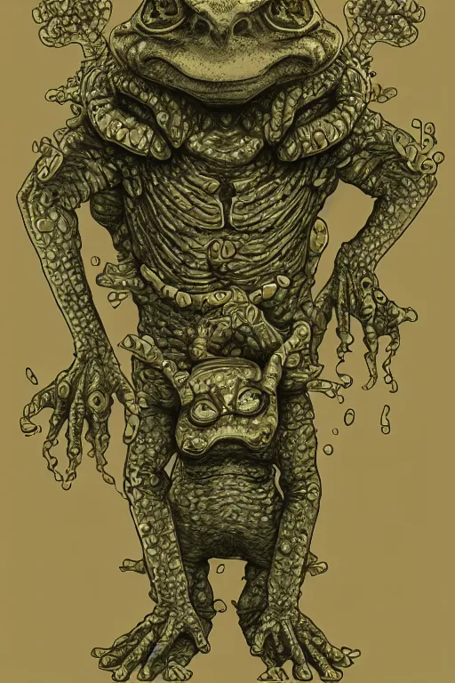 Prompt: humanoid toad warrior, tadpole themed, bog, symmetrical, highly detailed, digital art, sharp focus, trending on art station, kentaro miura manga art style