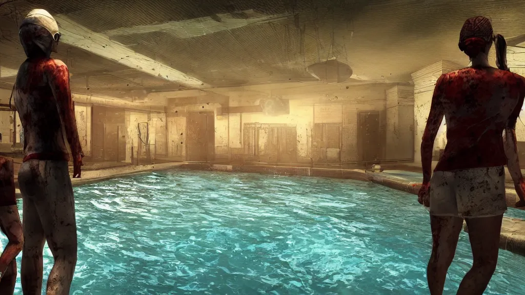 Image similar to Screenshot from Dead By Daylight at an indoor swimming pool