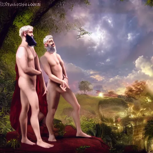 Image similar to white - bearded, god, contemplating adam and eve's future, in the garden of eden - sorcerer, detailed, futuristic, photo - realistic, digital art