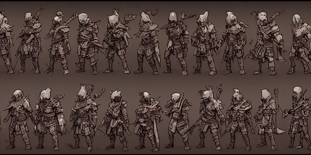 Image similar to warrior enemy character design. idle. attack. sprite sheet, darkest dungeon. pc game. sideview. transparent background. art by moebius and greg rutkowski.