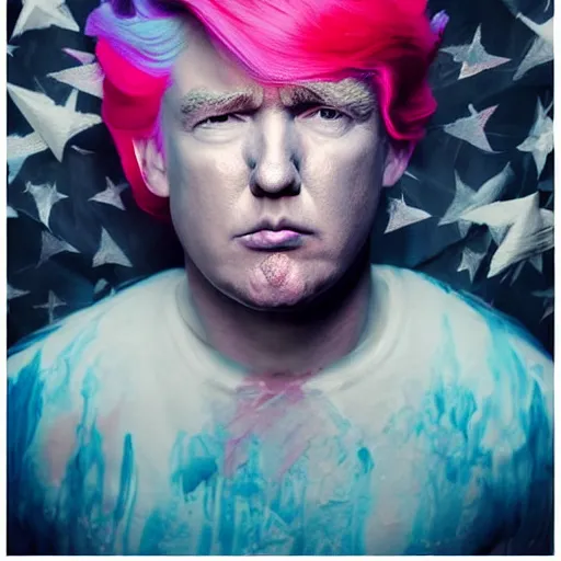 Prompt: dramatic lighting photo of a beautiful donald trump with cotton candy hair. paint splashes. moody and melancholy. with a little bit of cyan and pink