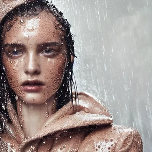 Image similar to close up of face of a wet fashion model in luxury dress, rainy, official dior editorial, highly detailed