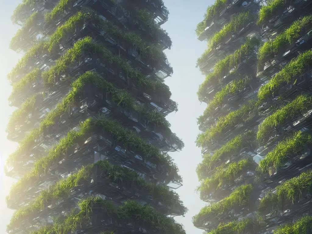 Prompt: futuristic vertical farm growing food in a cyberpunk high rise, 3 point perspective, atmospheric, morning light, foggy, ultra - hd, ultra - realistic