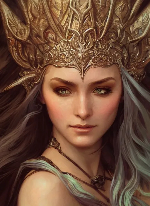 Prompt: up close portrait of a beautiful elven priestess, d & d, face, fantasy, intricate, elegant, highly detailed, digital painting, artstation, concept art, smooth, sharp focus, 4 k uhd, illustration, art by artgerm and greg rutkowski and alphonse mucha