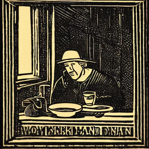 Prompt: woodcut of a bored man eating bland breakfast