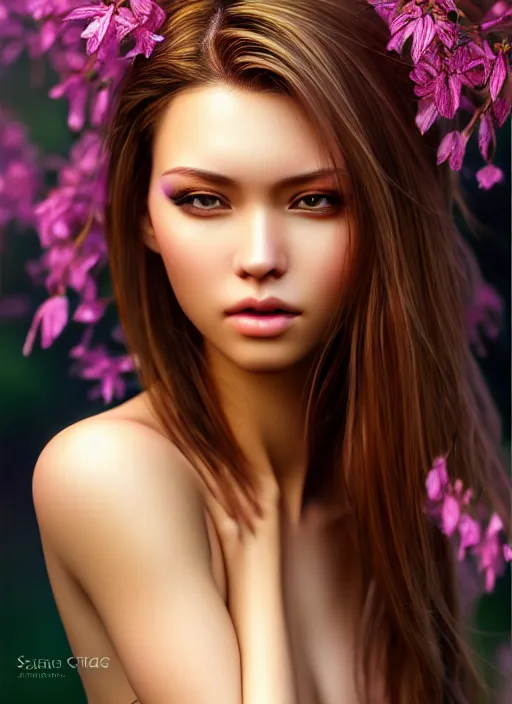 Image similar to photo of a gorgeous female in the style of stefan kostic, realistic, half body shot, sharp focus, 8 k high definition, insanely detailed, intricate, elegant, art by stanley lau and artgerm, extreme bokeh light spring foliage