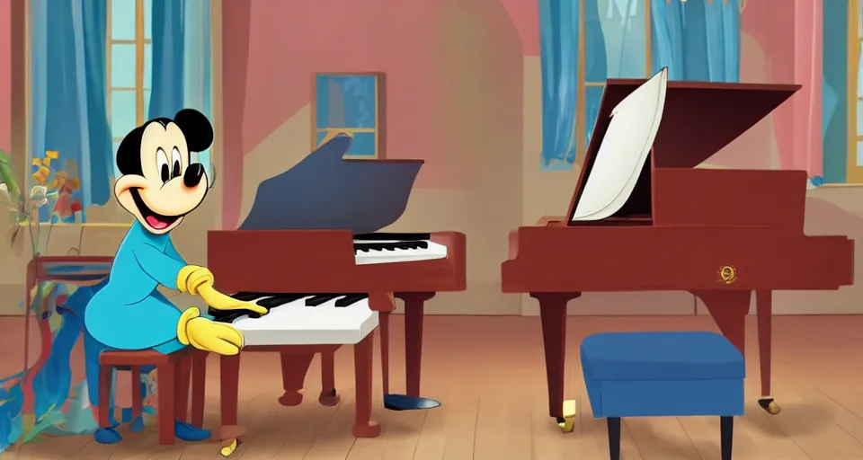 Prompt: a man playing a piano in the style of a disney cartoon