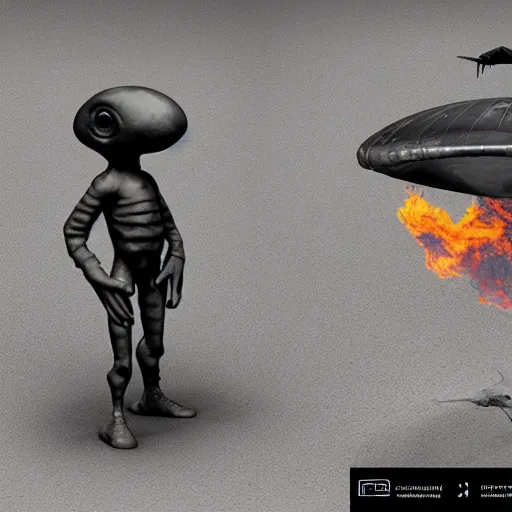 Prompt: a sad Roswell grey alien standing near his crashed burning spacecraft, a hologram by Alan Bean, featured on zbrush central, hurufiyya, zbrush, polycount, airbrush art