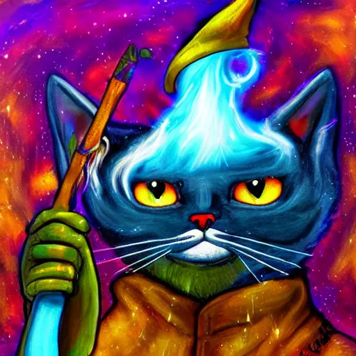 Prompt: wizard cat, painting, dramatic, luminescent, colorful, smoke, mighty