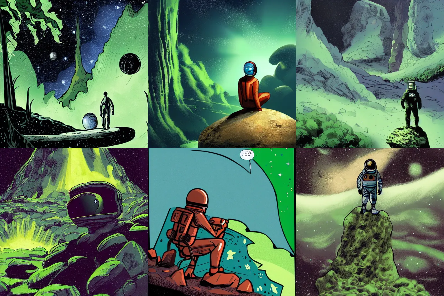 Prompt: Space landscape of another planet, a man in a spacesuit sits on a stone and looks at a green waterfall, comics style