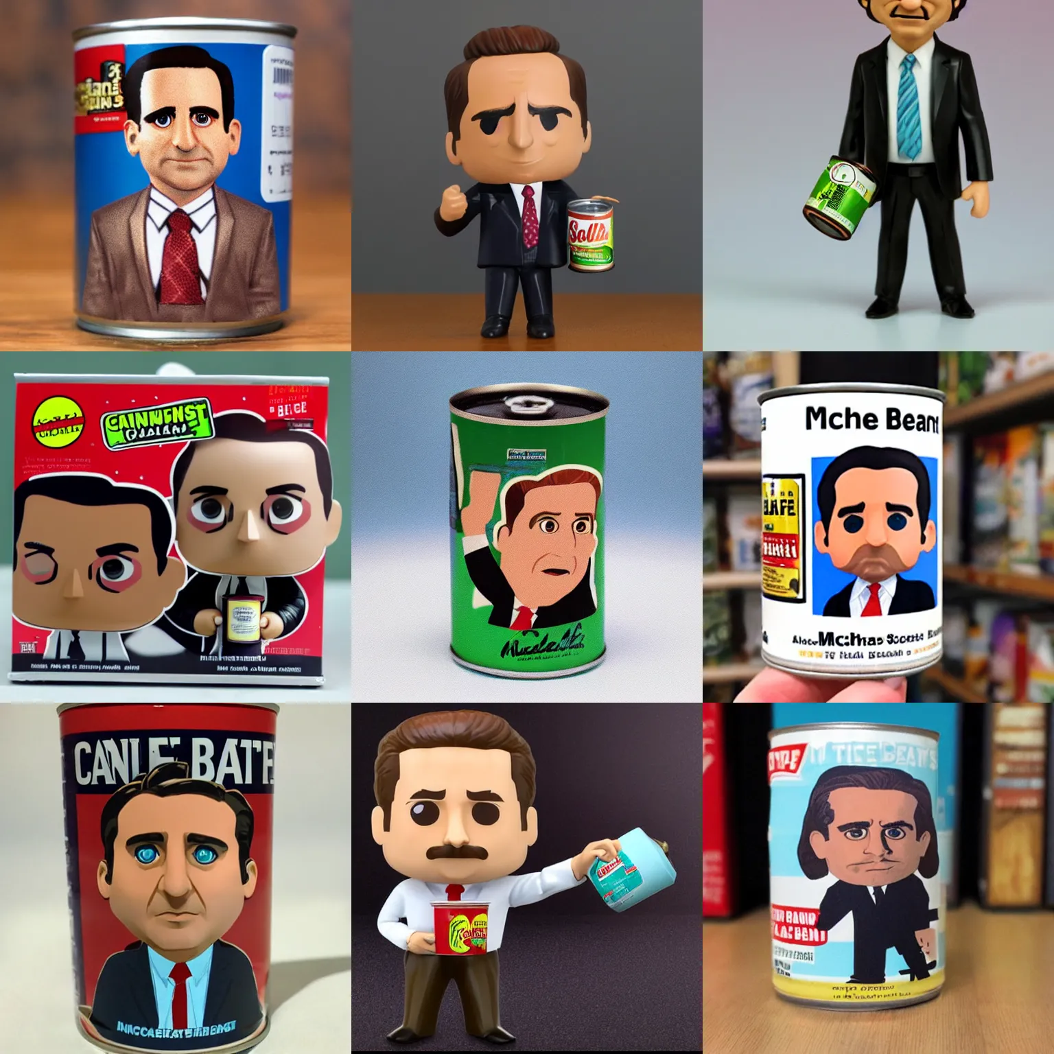 Prompt: vinyl figure of michael scott holding a can of beans