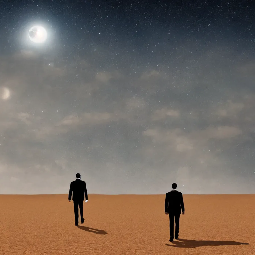 Prompt: a beautiful landscape of a powerful man wandering in a vast desert lit by the man in the moon