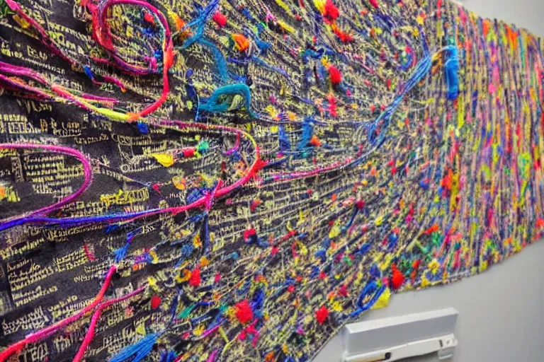 Image similar to a conspiracy theorist's bulletin board, notes and photos connected hapazardly by colored strings of yarn intricate, detailed, photo realistic