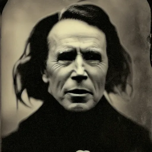 Prompt: daguerreotype photo of joe biden as a vampire count in a dark castle setting, children in cages, horror setting