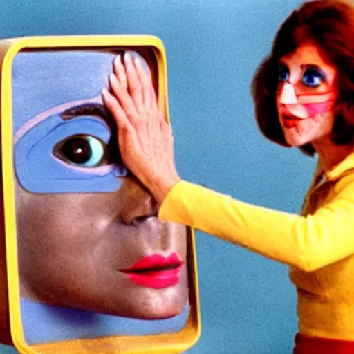 Image similar to woman with prosthetic nose enters an eyeball cult, 1977 live-action children's tv show, color