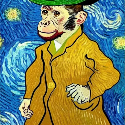 Image similar to van gogh painting of a baby chimpanzee wearing a top hat, 4 k, hyper realistic, dslr, high resolution, landscape, beautiful