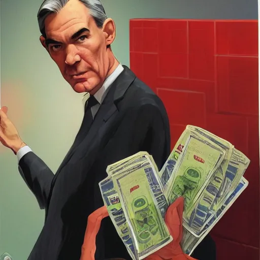 Image similar to jerome powell with a money printer by alex ross