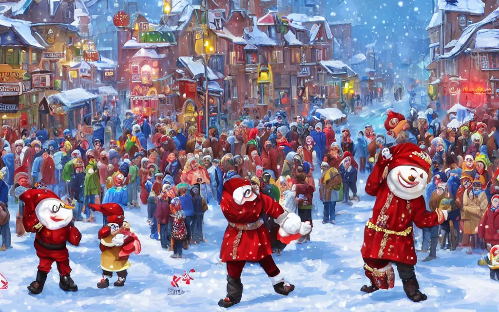 Image similar to winter festival. a mascot dances in the street with the mayor of the town. they are having fun, but the crowd has a strange feeling of remorse, as if they are witnessing something that is morally wrong. highly detailed digital art. trending on artstation