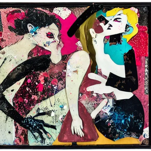 Prompt: two vampire women kissing at a carnival, mixed media collage, retro, paper collage, magazine collage, acrylic paint splatters, bauhaus, abstract claymation, layered paper art, sapphic visual poetry expressing the utmost of desires by jackson pollock