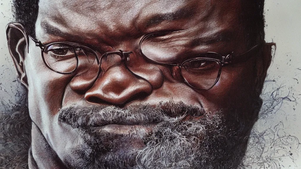 Prompt: portrait of samuel jackson, by alan lee, intricate, smoke trails, lord of the rings calendar, smooth, detailed terrain, oil painting