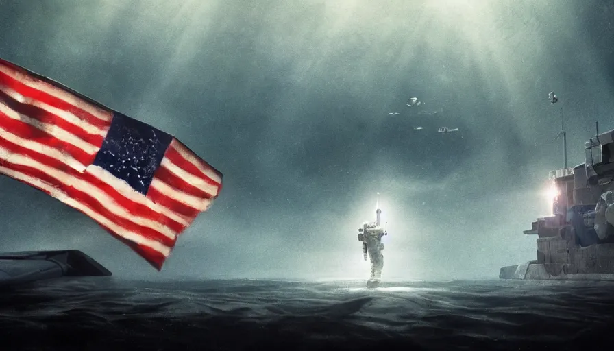 Image similar to astronaut holding a flag in an underwater desert. a submarine is visible in the distance. dark, concept art, cinematic, dramatic, atmospheric, 8 k, trending on artstation, blue, fish, low visibility, fog, ocean floor, christopher nolan, interstellar