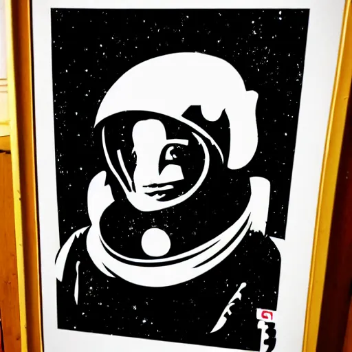 Image similar to individual furry astronaut silk screen portrait banksy style