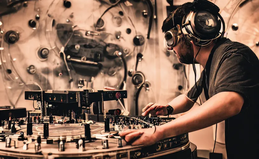 Prompt: a person wearing goggles and visor and headphones using a steampunk record player contraption, wires and tubes, turntablism dj scratching, intricate planetary gears, complex, cinematix, imax, sharp focus