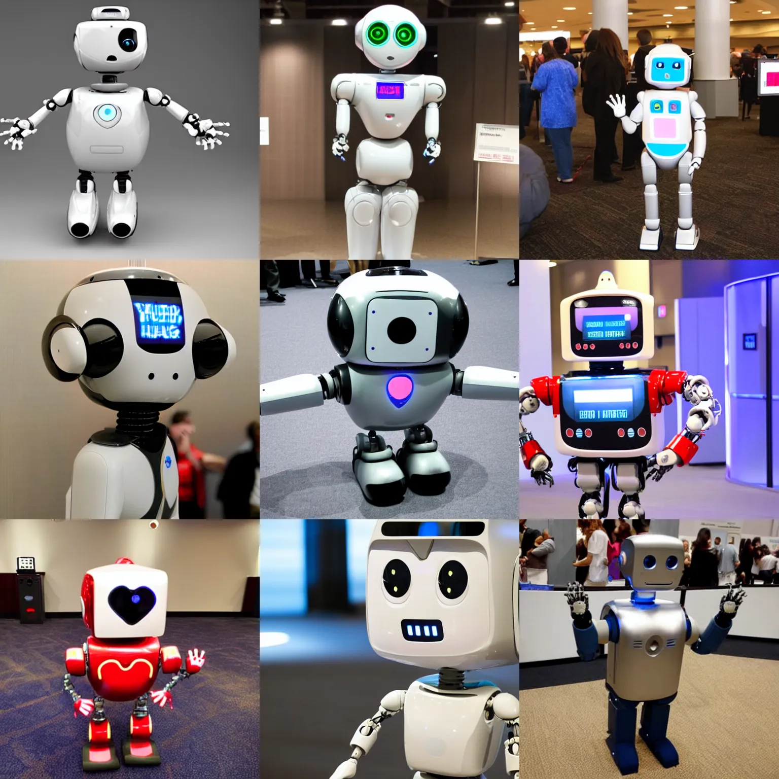 Prompt: <robot attention-grabbing wants=hug expression='give hug now' location='las vegas convention center'>cute little robot</robot>