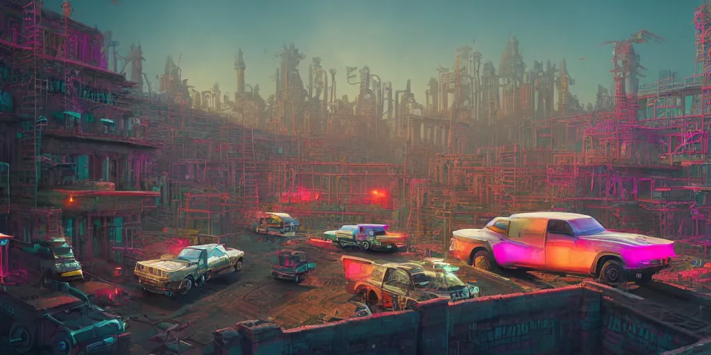 Image similar to hyperrealistic matte painting of aztec temples in a future environment with flying cars, mechanical features and neon, graffiti, scaffolding, smog, destruction by filip hodas, beeple, 4 k, trending on cgsociety