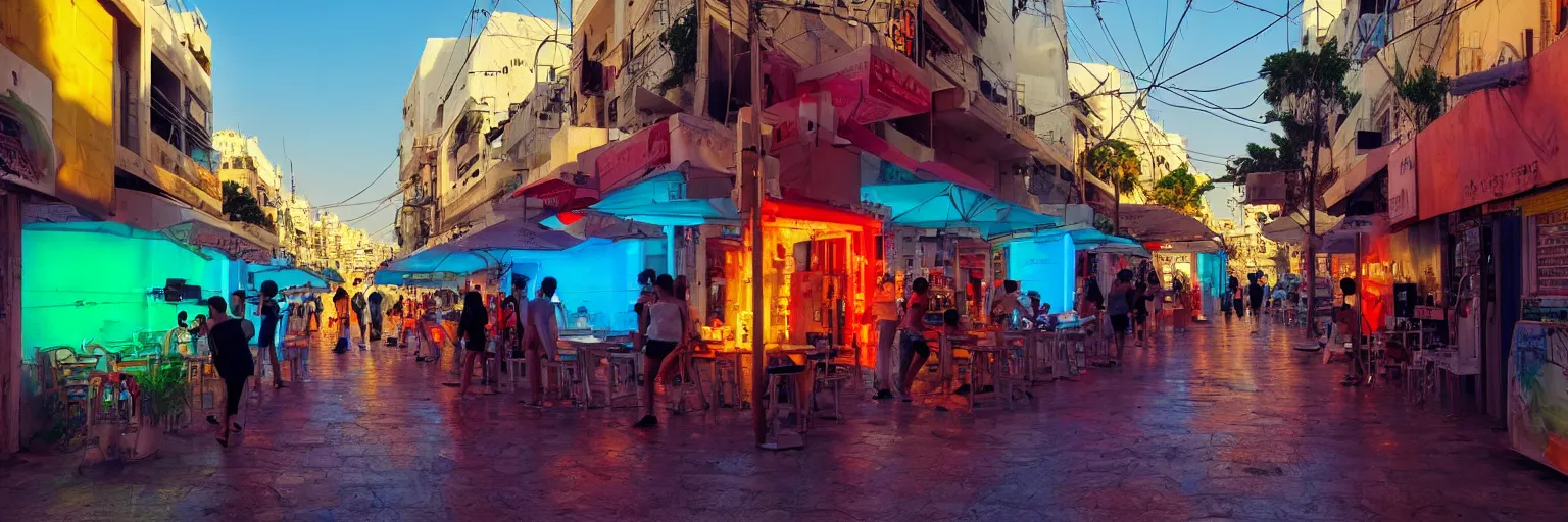 Image similar to the streets of tel aviv, israel, summer, morning, vivid colors, neon, art by gregory crewdson and artgerm and wlop and william - adolphe bouguereau