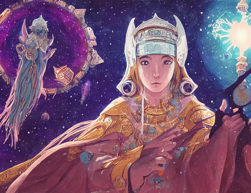 Prompt: priestess of space pigs. gouache painting by award - winning mangaka, chiaroscuro, bloom, backlighting, intricate details