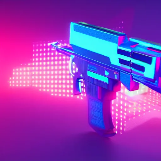 Image similar to synthwave neon gun, sharp focus, synthwave art, aesthetic, octane render, raw, cinematic