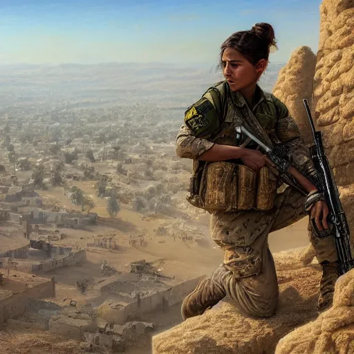 Image similar to beautiful YPJ soldier in the defense of Kobanî in the siege of Kobanî, detailed, centered, digital painting, artstation, concept art, donato giancola, Joseph Christian Leyendecker, Boris Vallejo, Breathtaking, 8k resolution, extremely detailed, beautiful, establishing shot, artistic, hyperrealistic, beautiful face, octane render