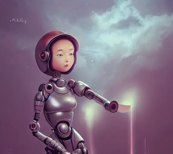 Prompt: steamy robot girl looking at the sky, Medieval Futurism, Retrofuturism, medieval, science fiction by JeeHyung lee, Anna Nikonova aka Newmilky, trending on artstation, 2D art, 2dcg #digital art #cute #girls photoshop