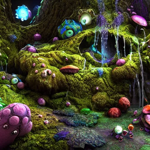 Prompt: spectral gigantic space cavern, ultra realist 3 d render curiosities carnival pond vegetation rocks mushrooms and tentacles covered moss, luminescent wisps, stunning waterfall, accurate features, focus, very intricate ultrafine details, random volumetric lighting, fog, award winning masterpiece, octane render 8 k hd, artstation