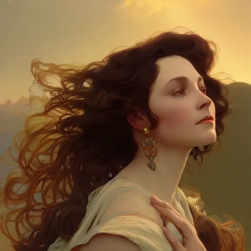 Image similar to a beautiful closeup portrait of a young vivian leigh, mountain background, serene colors, dramatic light, gorgeous view, depth, high detail, digital art, painted by alphonse mucha and greg rutkowski, trending on artstation