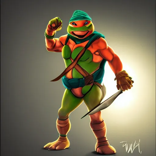 Image similar to michelangelo from tmnt with frying pan, wearing cooking toque, frying nails, volumetric lighting, realistic, photo, artstation