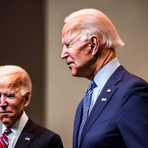 Image similar to A portrait photo of joe biden teams up with a teenage joe biden, perfect faces, 50 mm, award winning photography