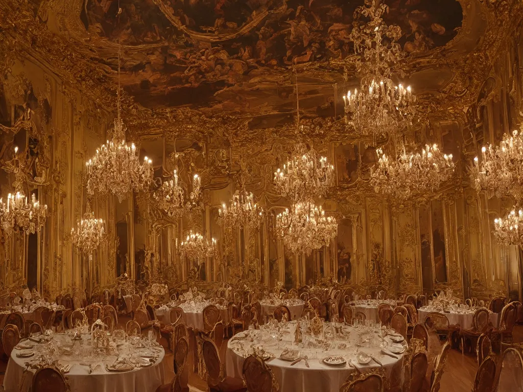 Prompt: A Baroque Ballroom as seen by Stanley Kubrick, 70mm