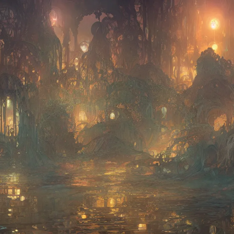 Image similar to a beautiful painting of the city of atlantis, with glowing lights, corals and jellyfish, intricate, elegant, highly detailed, digital painting, artstation, concept art, by krenz cushart and artem demura and alphonse mucha