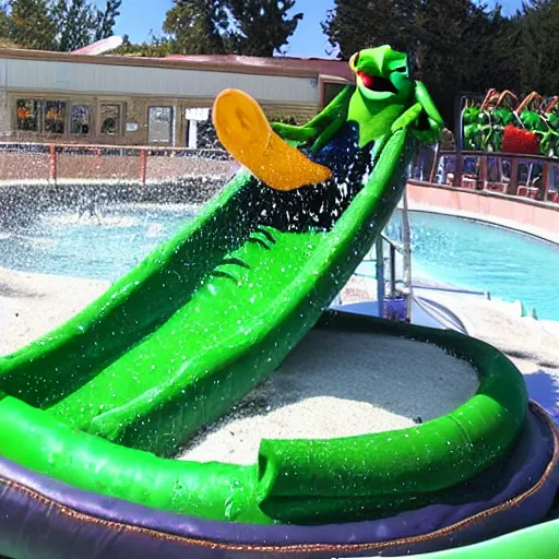 Prompt: kermit the frog on a waterslide