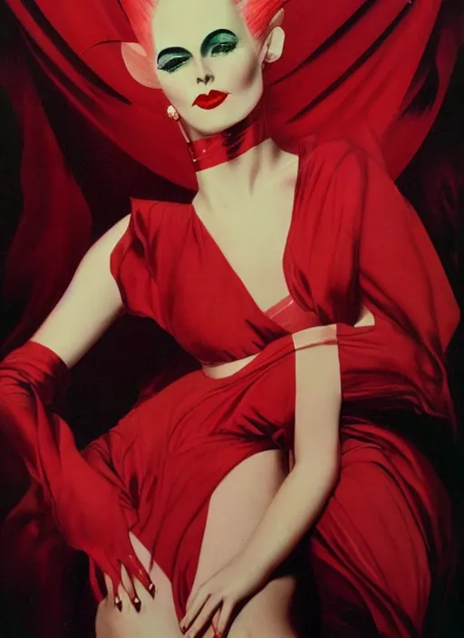 Image similar to an 8 0 s portrait of a woman with dark eye - shadow and red lips with dark slicked back hair dreaming acid - fueled hallucinations by serge lutens, rolf armstrong, delphin enjolras, peter elson, red cloth background