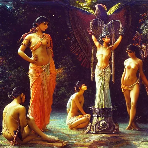 Image similar to sri lankan womans sacrifising thier children to giant crow, painting by gaston bussiere, craig mullins, j. c. leyendecker, lights, art by ernst haeckel, john william godward, hammershøi,,